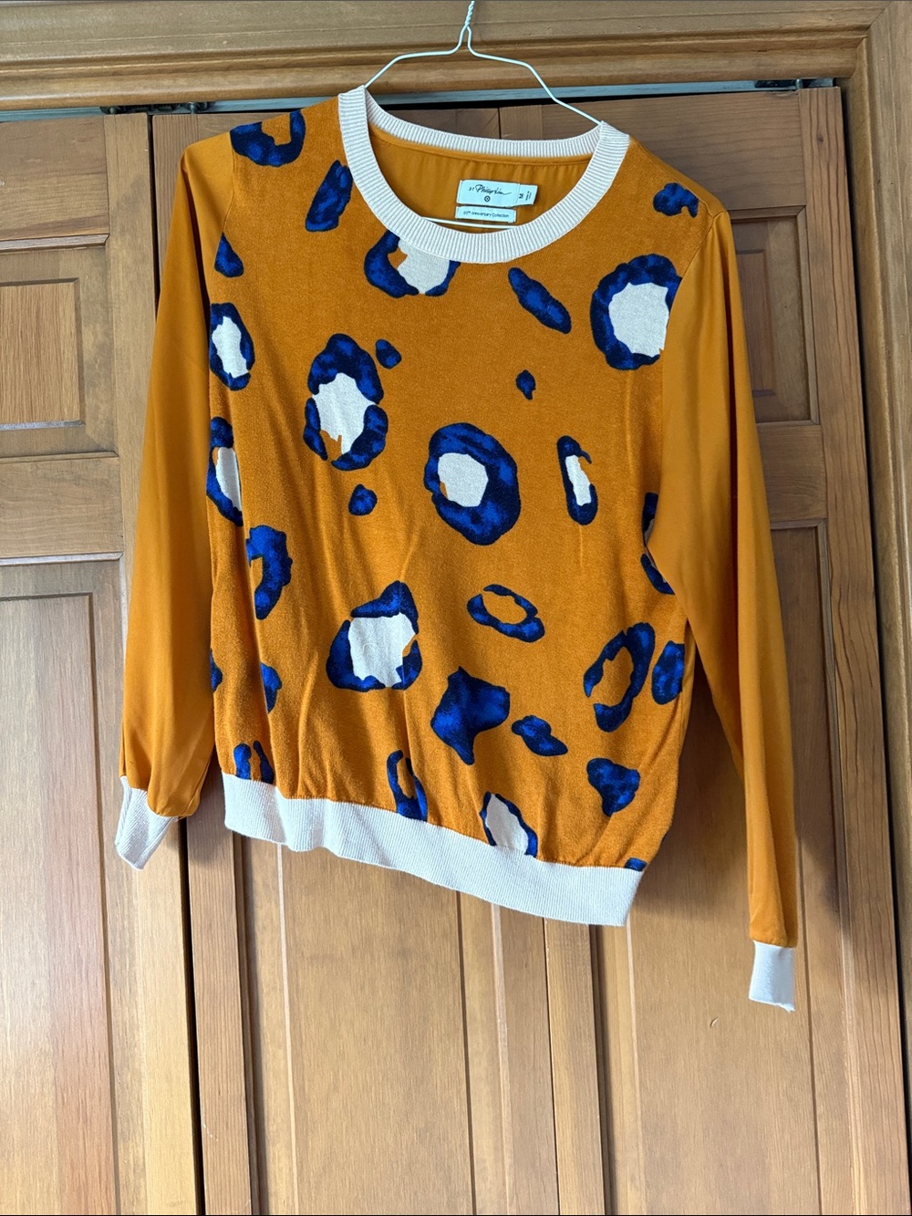 3.1 Phillip Lim Orange Sweater with Cream Trim and Blue Spots